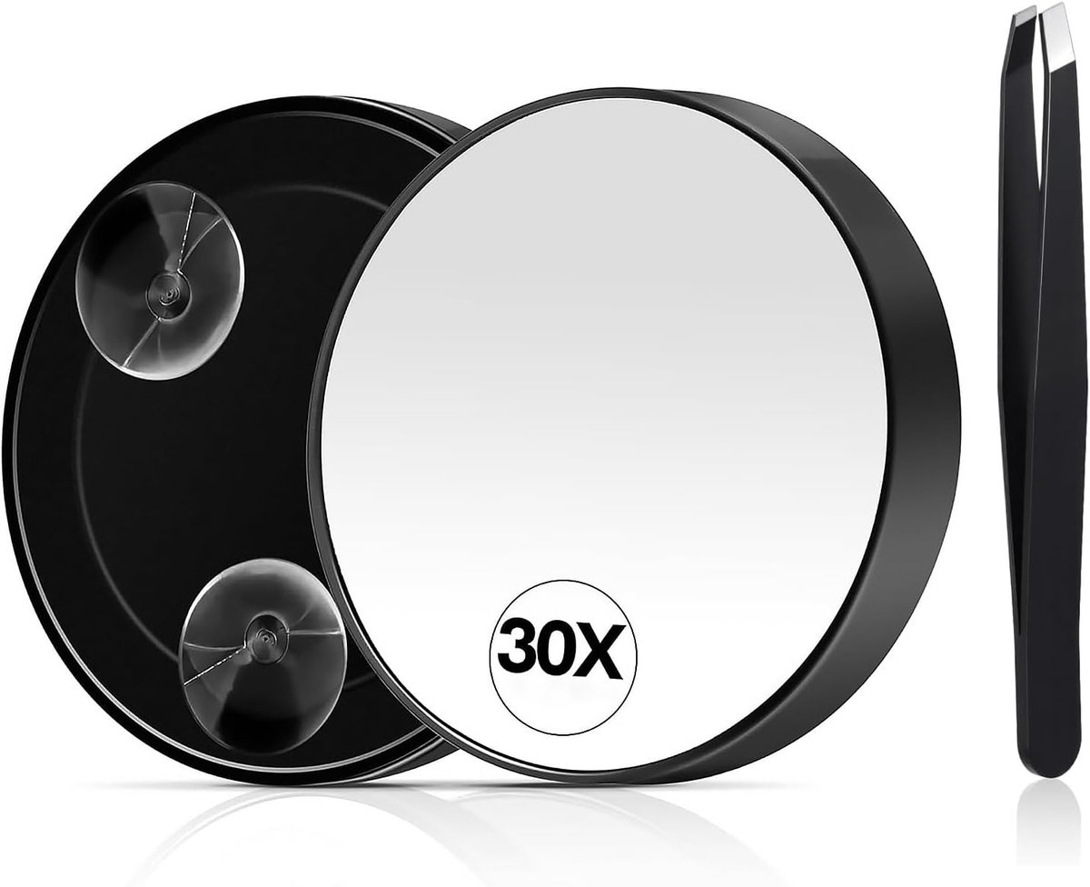 SnelShoppen - 30x Vergrotende Spiegel met Zuignap en Pincet - Compacte Zwarte Make-up Spiegel Set voor Het Verwijderen van Wenkbrauwen en Onvolkomenhe