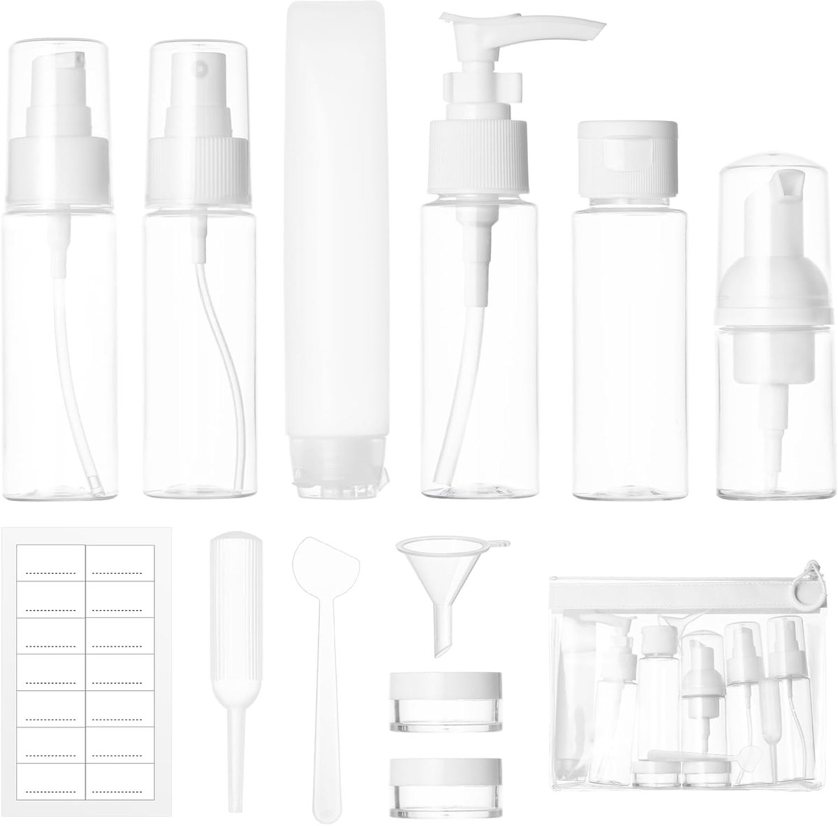 SnelShoppen - Pack van 12 Reisflessen - 30/50 ml Transparante Sprayflessen, Kleine Crème Potjes, Foam Dispenser, Shampoo Accessoires voor Cosmetica, P