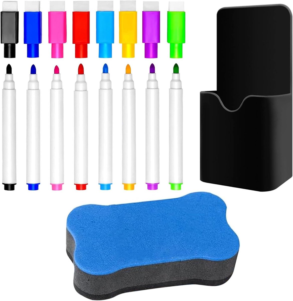 SnelShoppen - Whiteboard Markers 8 Stuks Kleurvolle Uitwisbare Stiften met 1 Magnetische Penhouder en 1 Whiteboard Spons, Drooguitwisbare Markers, Fij