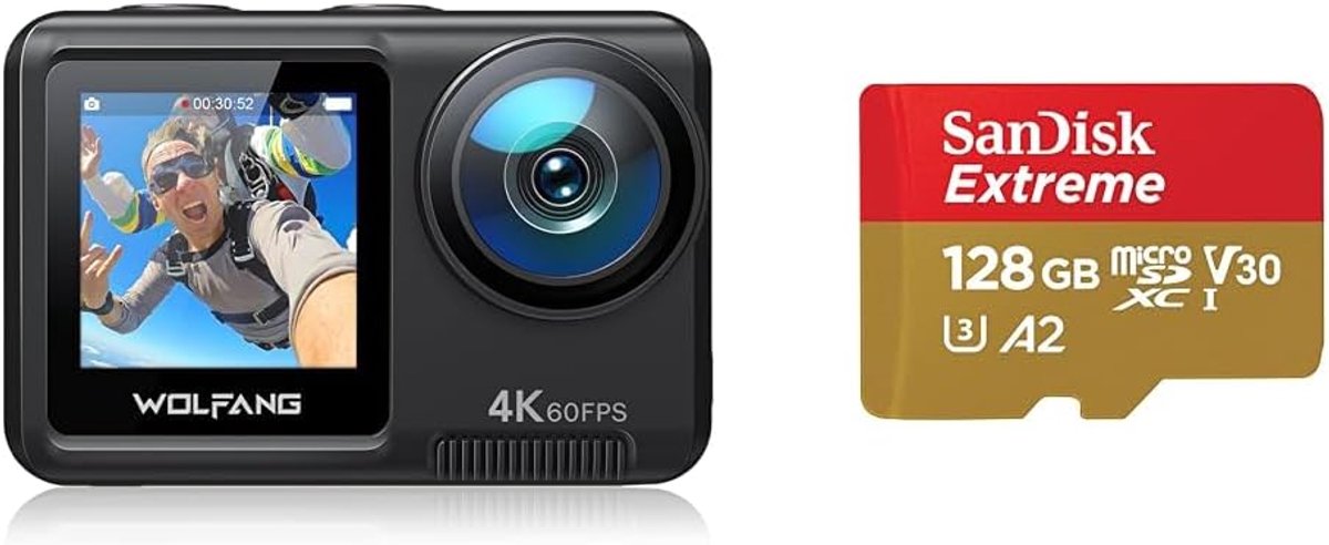 SnelShoppen - Action Camera 4K 60FPS 24MP Dubbelzijdig LCD Touchscreen, Onderwatercamera met 2x1350mAh Batterijen & 128GB MicroSD Kaart - Rood/Goud