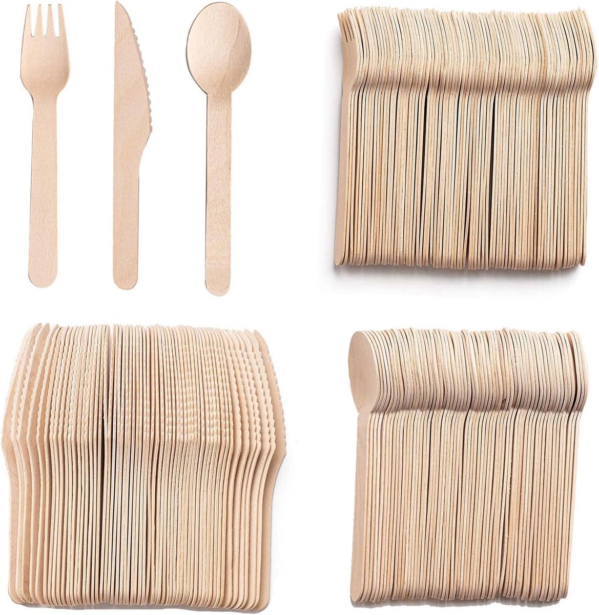 SnelShoppen - 300 Stuks Houten Wegwerpbestek Set - 100 Forks, 100 Lepels, 100 Messen - 16 cm - Natuurlijk Hout - Milieuvriendelijk - Ideaal voor Feest