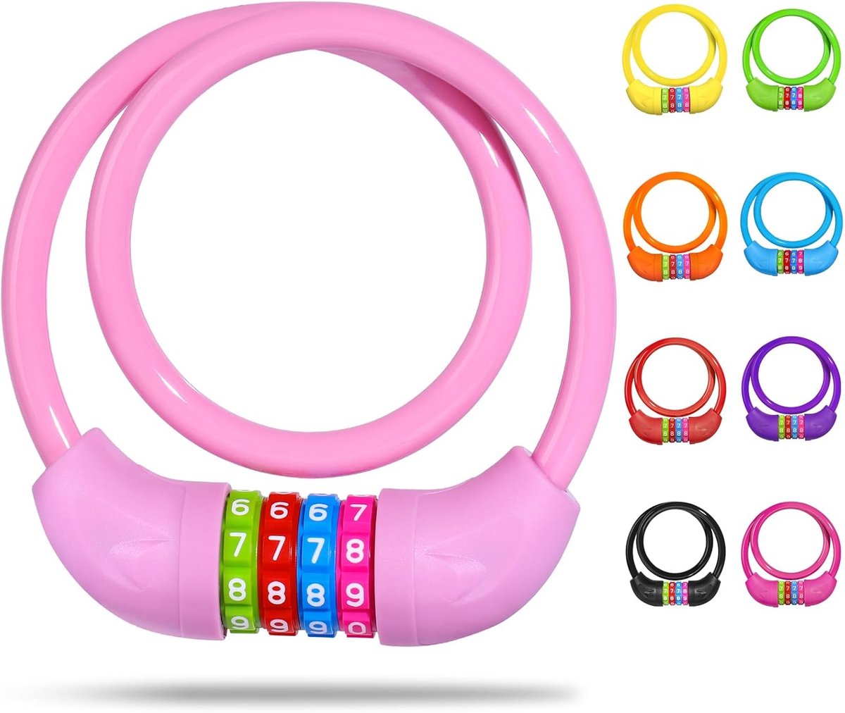 SnelShoppen - Kinderfiets Slot met Cijfers - 4-cijferige Combinatie Code - Antidiefstal Kabelslot - Fietsaccessoires Meisjes en Jongens - Roze 10 x 65