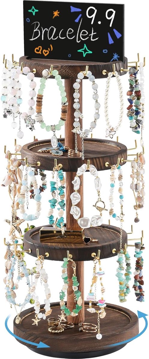 SnelShoppen - 3-Tier Rotatable Bracelet Holder - Houten Sieradenstand met 42 Haken - 360° Rotatie voor Armbanden, Haarclips, Horloges, Sleutelhangers