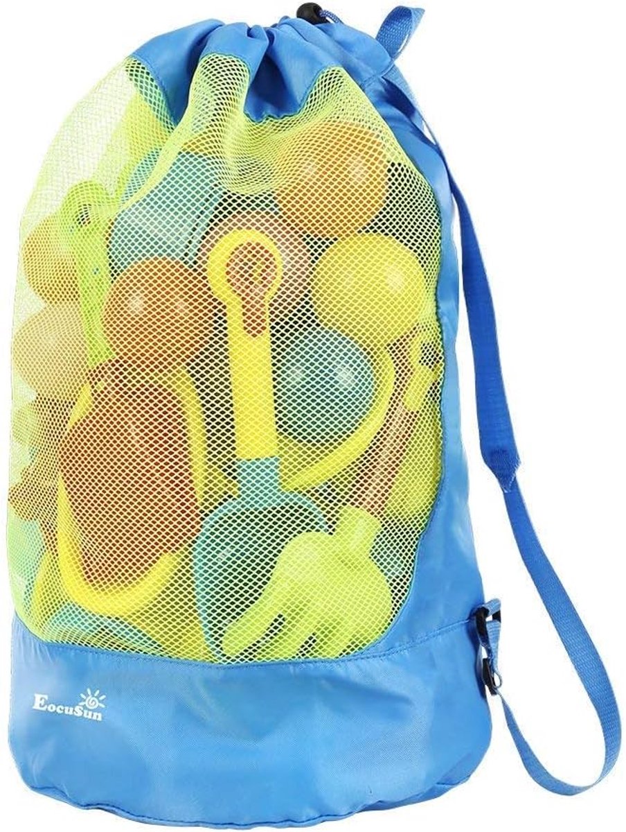 SnelShoppen - Grote Strand Speelgoed Tas, Duurzame Mesh Rugzak voor Kinderen, Ideaal voor Zwemmen, Strand en Zwembad, Blauw, Ruim en Water- en Zandbes