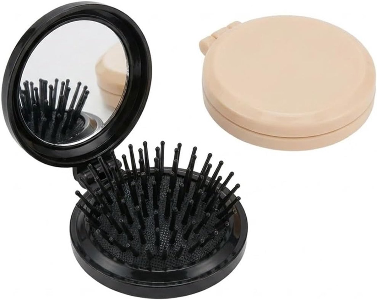 SnelShoppen - Pack van 2 Vouwbare Borstels met Reis Spiegel, Compacte Massage Kam voor Dames, Heren, Meisjes, Zwart en Beige, Ideaal voor Reizen en Da