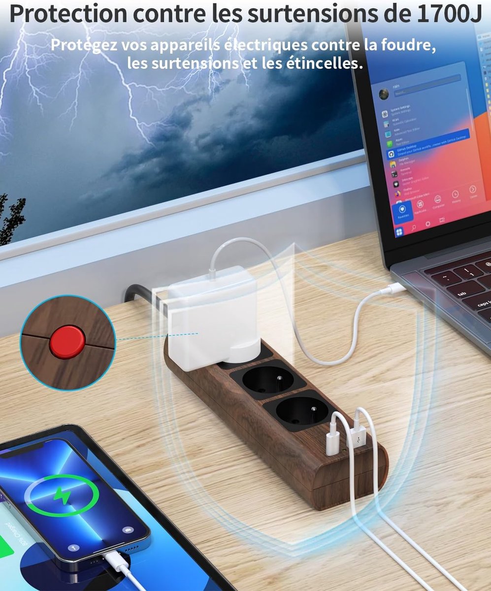 SnelShoppen - 3-Way Power Strip 2300W / 10A Meerdere Stopcontacten met USB-A en USB-C, Wandmontage, Stekkerdoos met Schakelaar, 1.5 m Kabel, Overspann