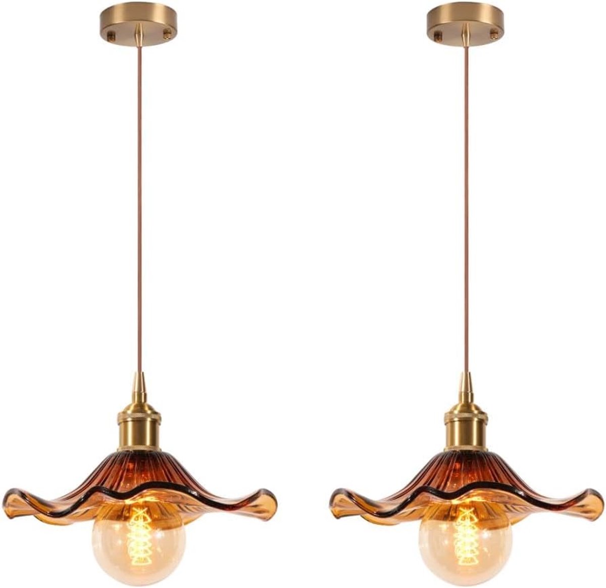 SnelShoppen - Set van 2 Hanglampen Glas Vintage Stijl Amber Bloemen Pendant Lampen voor Keuken, Woonkamer en Slaapkamer - Modern Brass Goud - E27