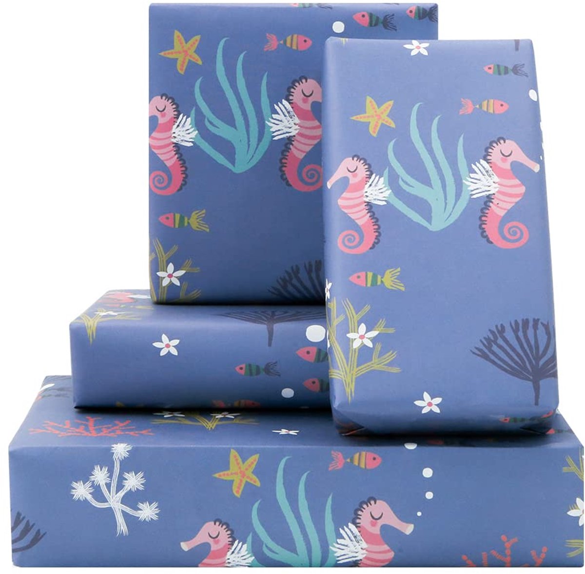 SnelShoppen - Under The Sea Verjaardags Inpakpapier Voor Kinderen, Zeepaardje & Koraal Vis Ontwerpen, 4 Vellen Paars 50x70cm - Perfect Voor Verjaardag