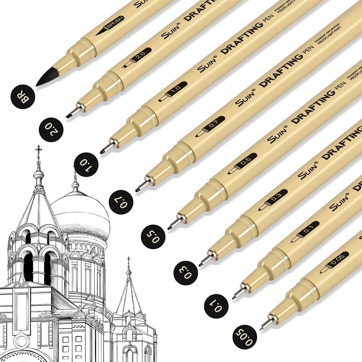 SnelShoppen - 8-delige Zwarte Fineliner Pennenset - Waterdichte Archiefinkt Technische Tekenpennen (0.05 tot 2.0mm + Borstel) voor Kunst, Schetsen, Bu