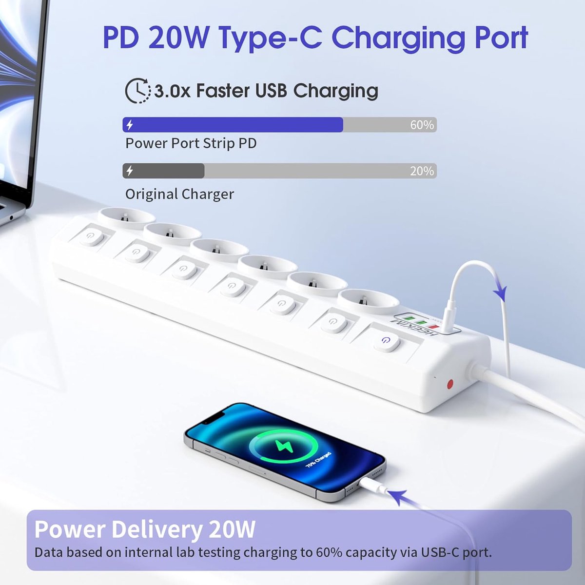 SnelShoppen - Stekkerdoos met Apart Schakelaar, 6 Stopcontacten, 3 USB-A en 1 USB-C (PD 20W), 2 m Kabel, Wit, Voor Thuis en Kantoor