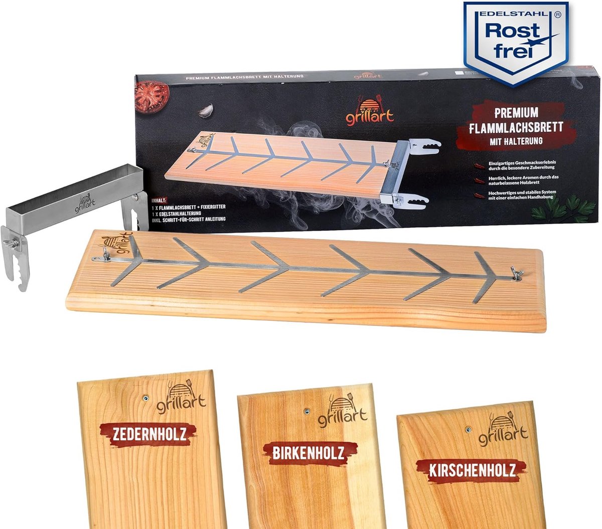 SnelShoppen - Premium zalmbord met houder (cederhout) van roestvrij staal - Ideaal voor barbecue, kampvuur, vuurkorf - Duurzaam en praktisch