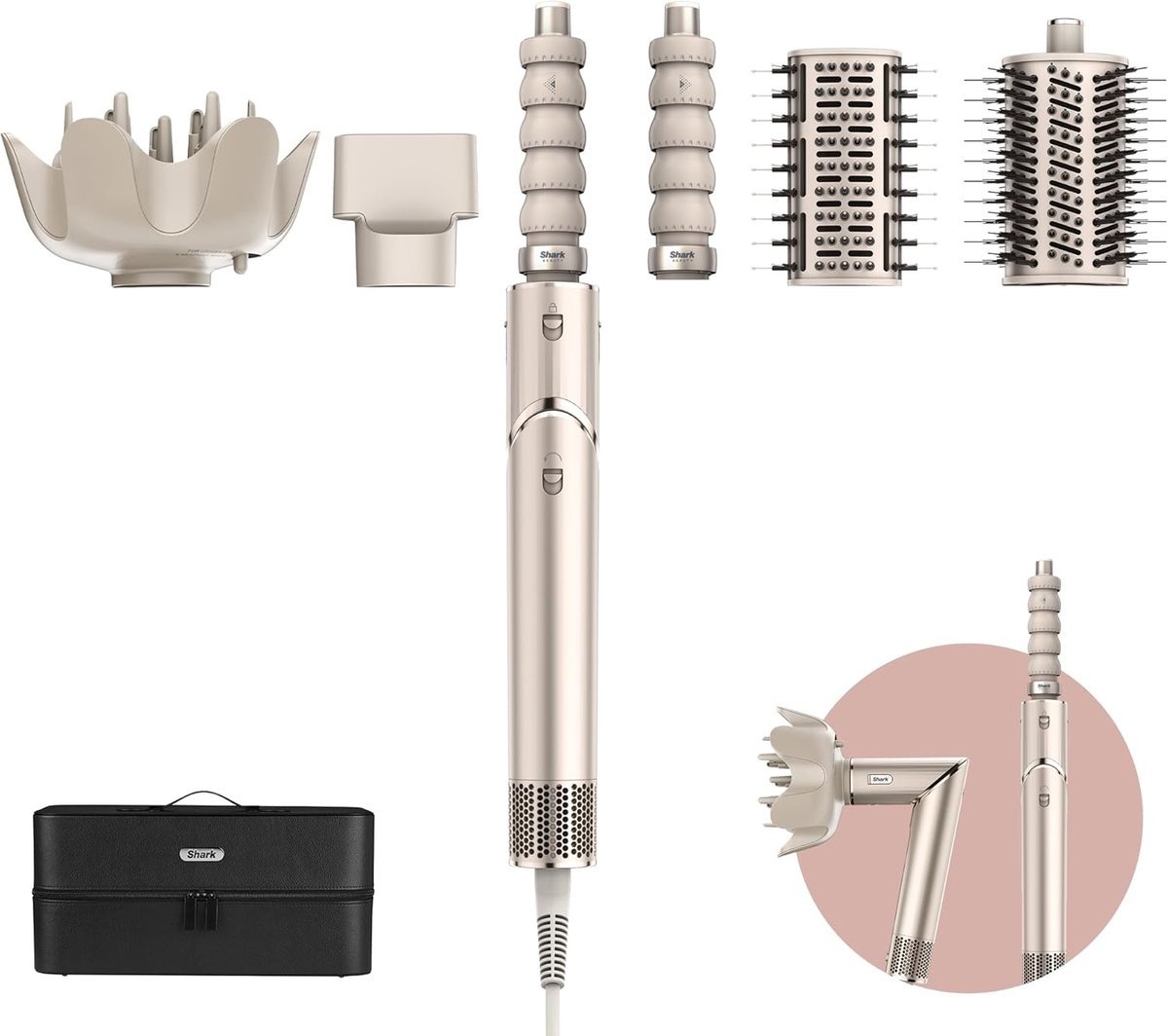 SnelShoppen - 5-in-1 Airstyler & Haardroger met Automatische Krulfunctie, Flat Brush, Oval Brush, Diffuser en Opberghoes - Geen Hittebeschadiging, Cha