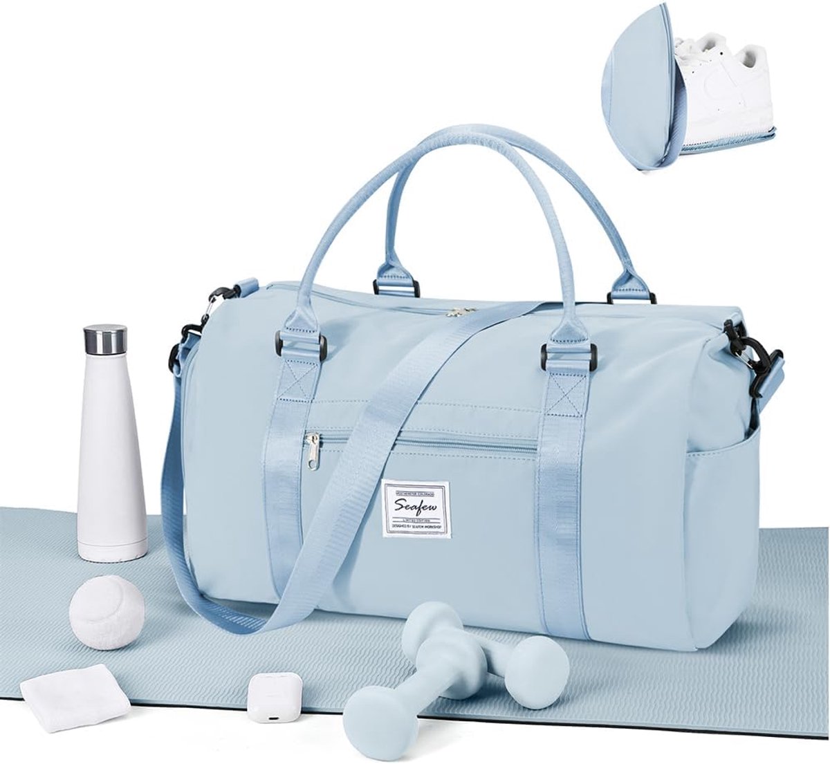 SnelShoppen - Sporttas voor Mannen en Vrouwen met Schoencompartiment - Reis- en Sporttas - Fitness Duffle Bag - Waterdichte Weekendtas - A3 Sky Blue