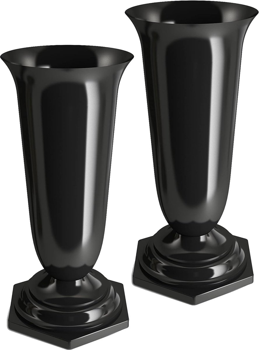 SnelShoppen - Grave Vase Set van 2, Plastic Cemetery Vases met Pedestal, 15.5 cm Ø, UV-bestendig en Lichtgewicht, Zwart, Voor Grafdecoratie