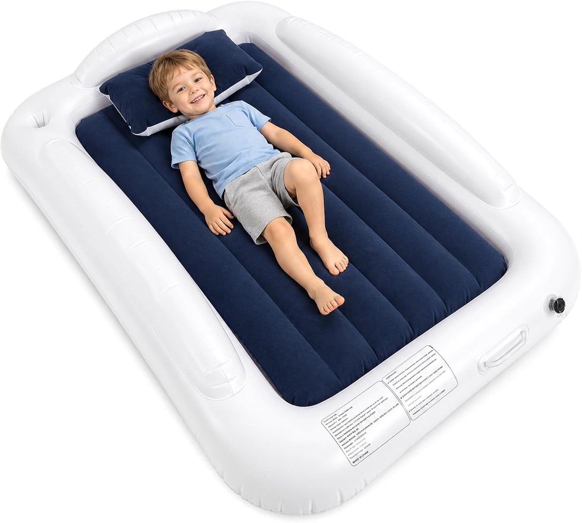 SnelShoppen - Opblaasbaar Kinderbed met Ingebouwde Pomp en Draagtas, Zelfopblaasbaar Luchtmatras voor Kinderen, Veilig en Gemakkelijk Onderhoud, Wit,