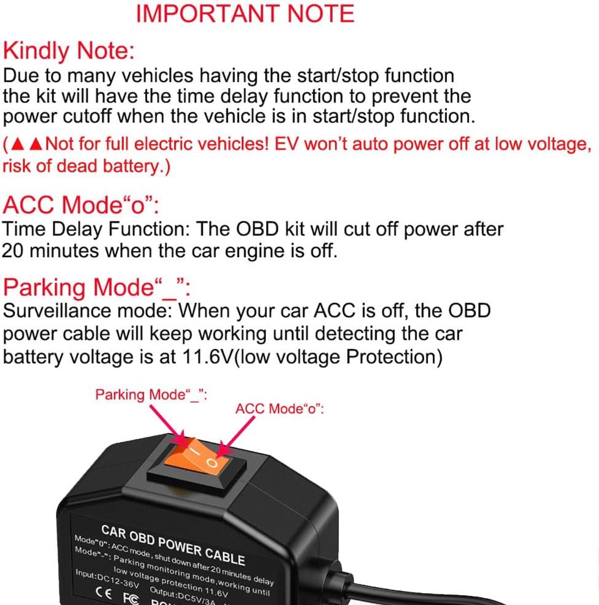 SnelShoppen - Dash Cam OBD Hardwire Kit voor 12-24V naar 5V/3A met Laag Voltage Bescherming, 24-Uur Parkeer Monitoring, ACC Modus voor Dashcam en GPS