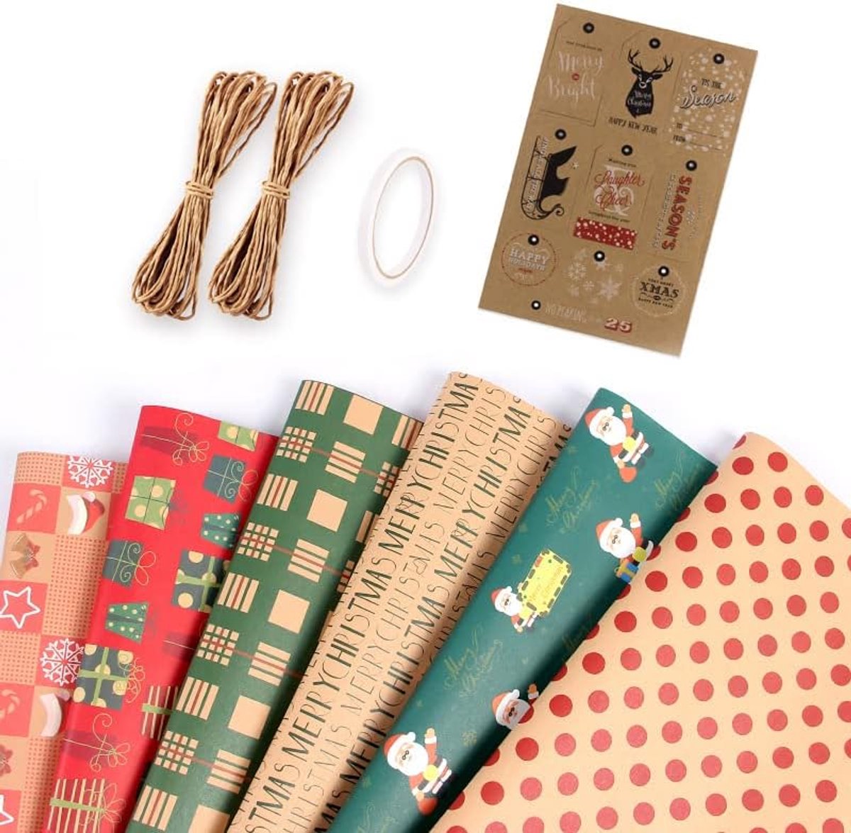 SnelShoppen - Kerst Cadeaupapier Set - 6 Vellen Kraft Papier 70x50 cm - Inclusief Stickers, Dubbelzijdig Tape en Touw - Eco-vriendelijk en Biologisch