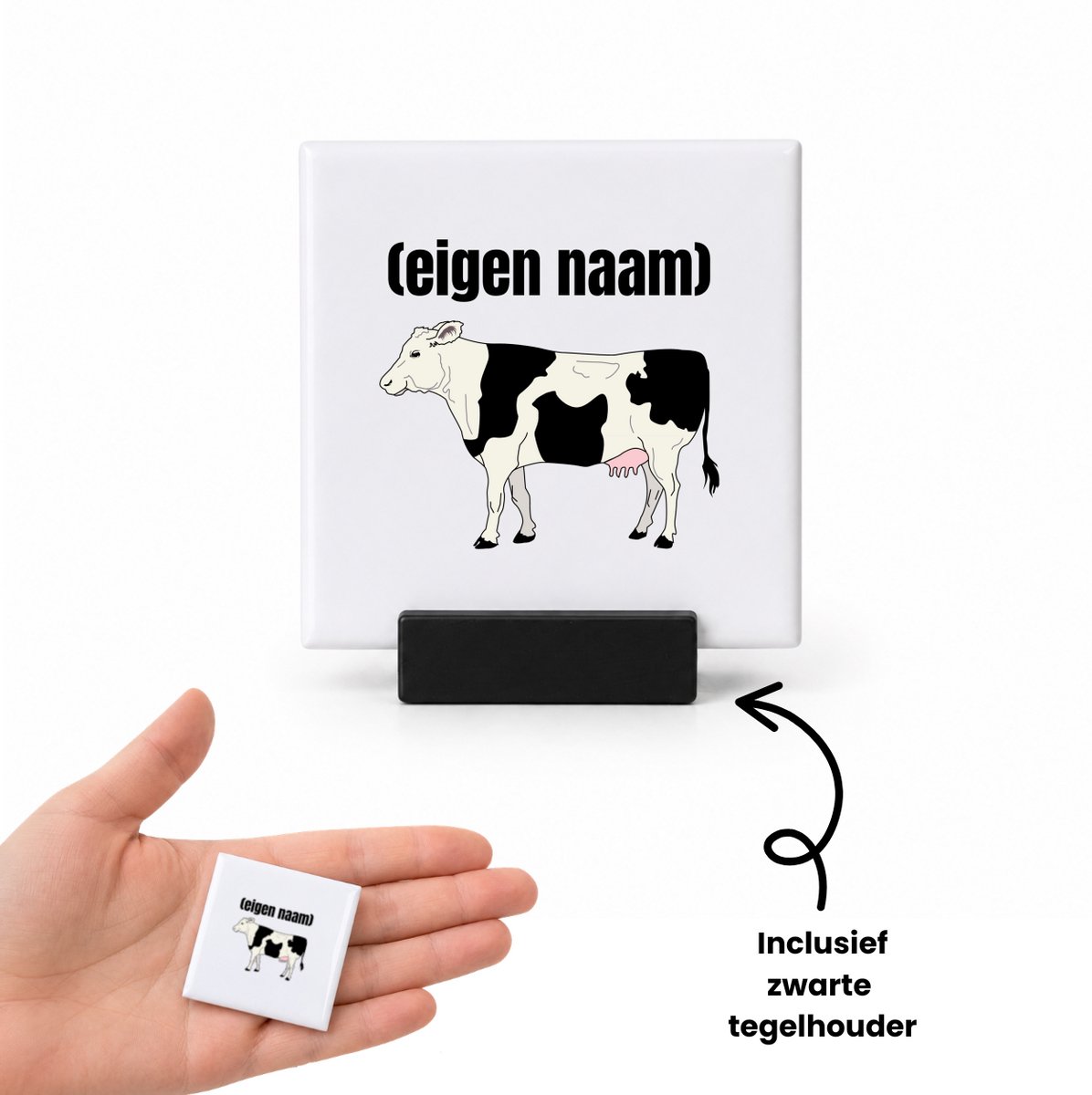 Hacebo koe met eigen naam tegeltje met tegelhouder - Koe - boeren - tegeltjes met tekst - iemand die houdt van koeien - verjaardag - cadeau - kado - spreuktegels - 4.8x4.8 CM Wit