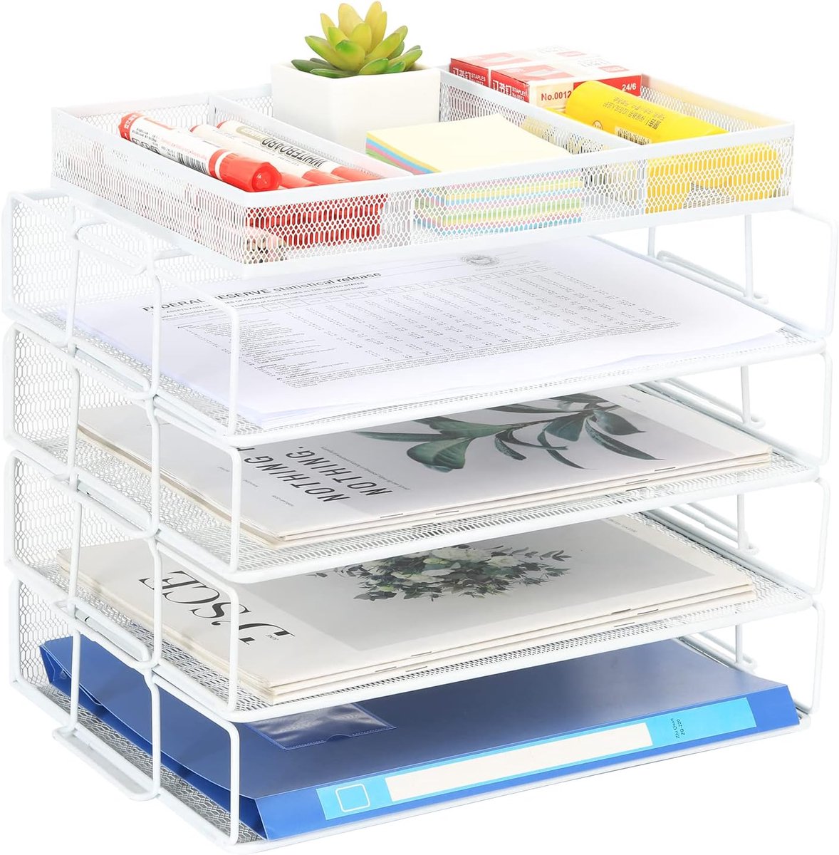 SnelShoppen - 4 Laags A4 Mesh Stapelbare Desk File Holder, Tijdschriftopslag, Papier Organisator met Bovenste Stationery Houder, Wit, Duurzaam Metaal,