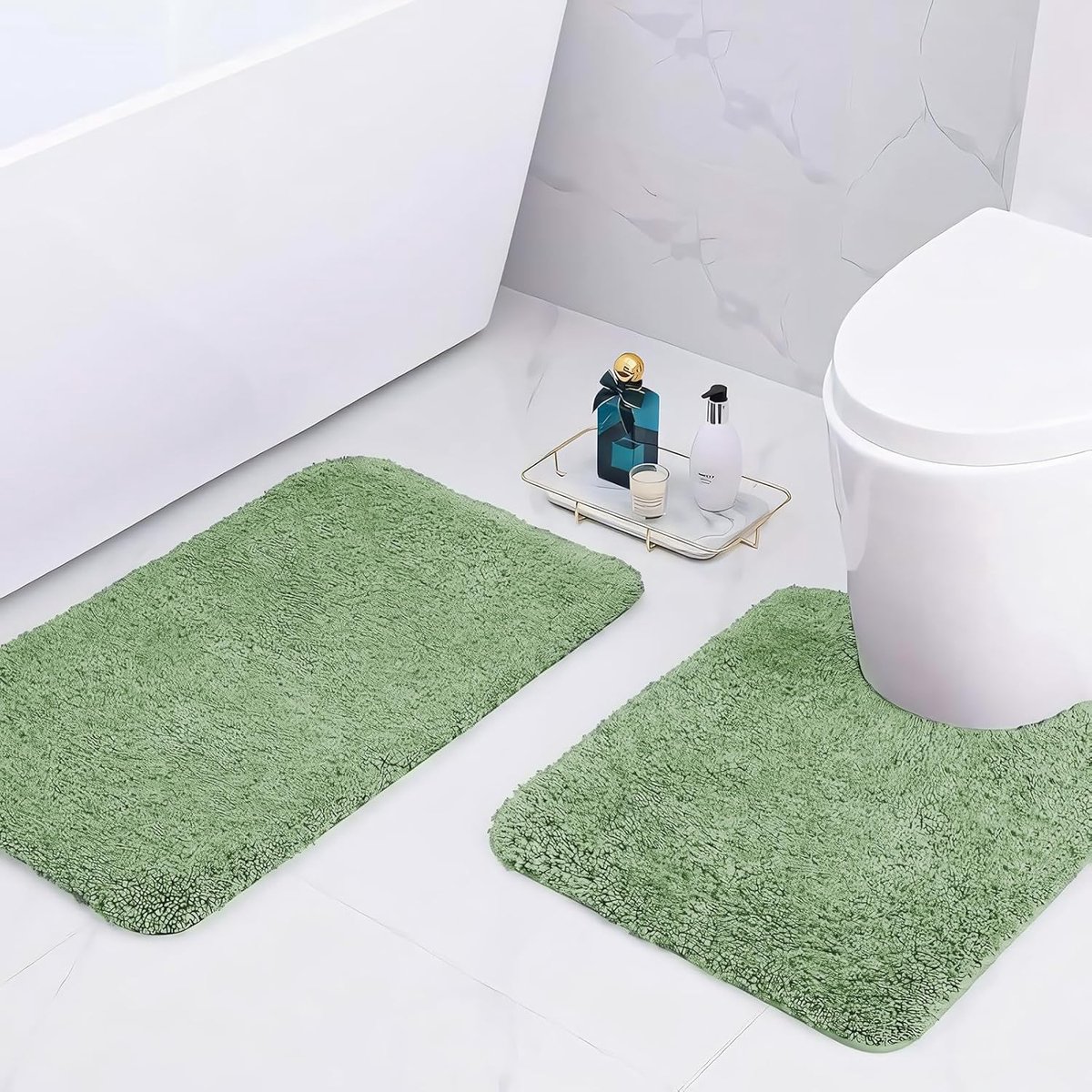 SnelShoppen - Microfiber Badmat Set 50x80cm & 50x50cm U-vorm, 2cm Super Dikke, Lichtgroene, Absorberende Badkamer Tapijten, Luxe Voelt Goed Onder Je V