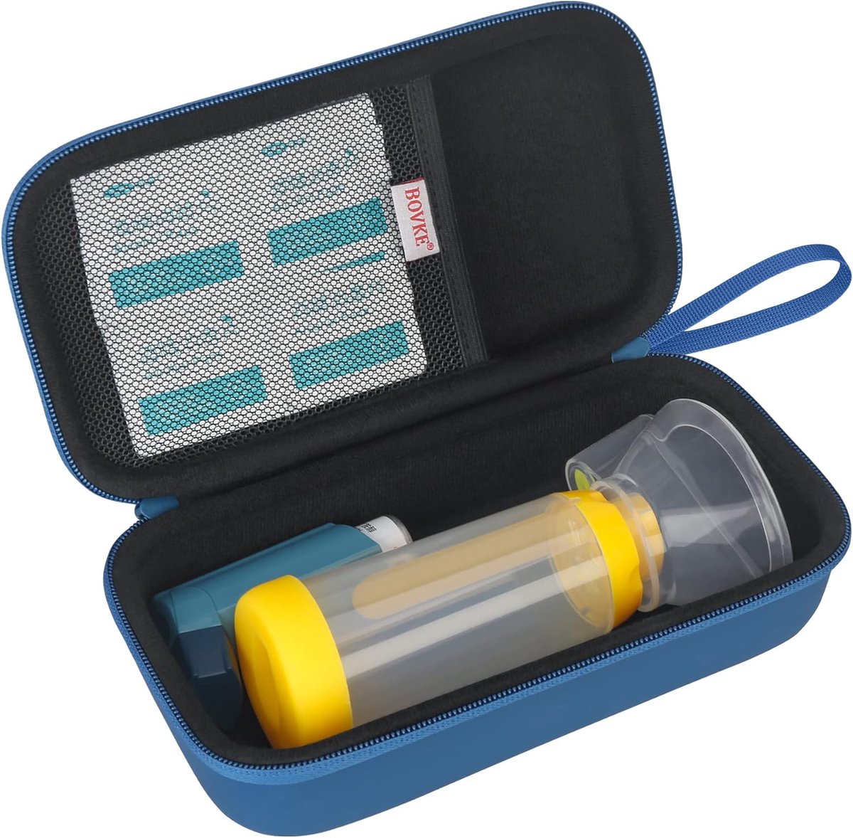 SnelShoppen - Hard Travel Case voor Astma Inhaler en Inhaler Spacer, Blauwe Astma Draagtas met Mesh Pocket voor Medicijnen en Accessoires, Duurzaam EV