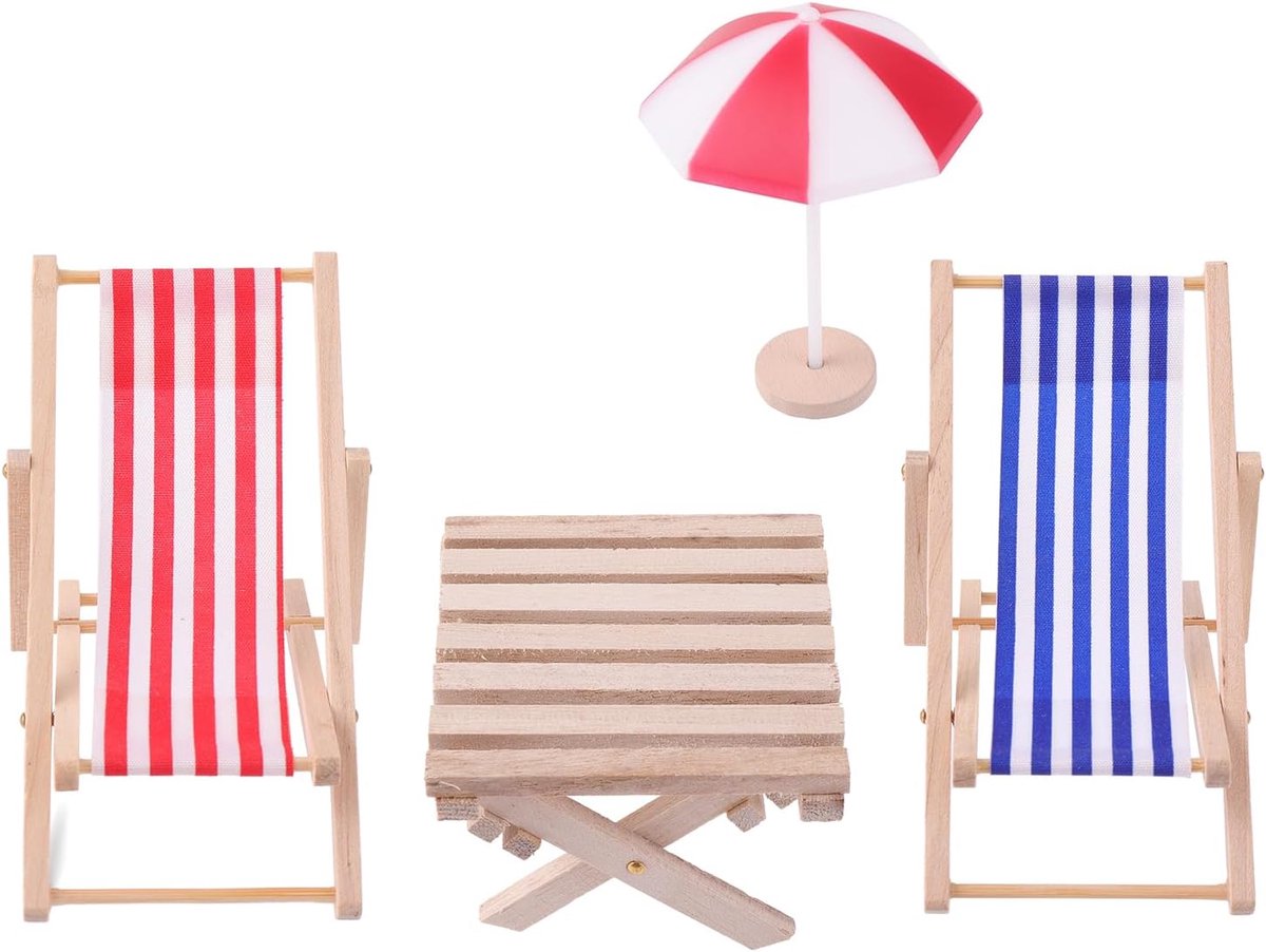 SnelShoppen - Miniatuur Poppenhuis Strandstoelen Set van 4 - 1:12 Tuin Decoratie en Accessoires - Dubbele Stoelen, Parasol, Tafel - Strak Navy en Stre