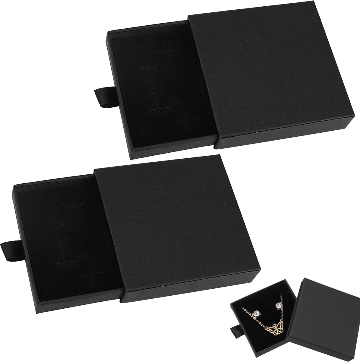SnelShoppen - 2 Stuks Sieraden Geschenkdoos - Zwarte Kraft Papier Sieradenbox met Deksel - 7 x 7 x 1.8 cm - Voor Armbanden, Ringen, Oorbellen, Ketting