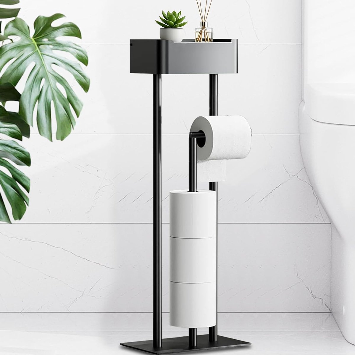 SnelShoppen - Staande Toiletpapierhouder RVS, Vrijstaand met Natdoekjes Box, Zwart, Mat RVS, Toilethouder voor 4 Rollen, Badkameraccessoire, Modern De