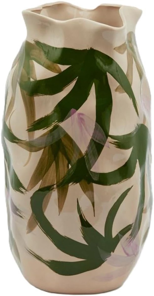 SnelShoppen - EGD Bloemenvaas Chakra Jungle Beige-Groen-Roze D 24cm H 45cm Hoogwaardige Keramische Vaas voor Binnen en Buiten, Perfect voor Feesten en