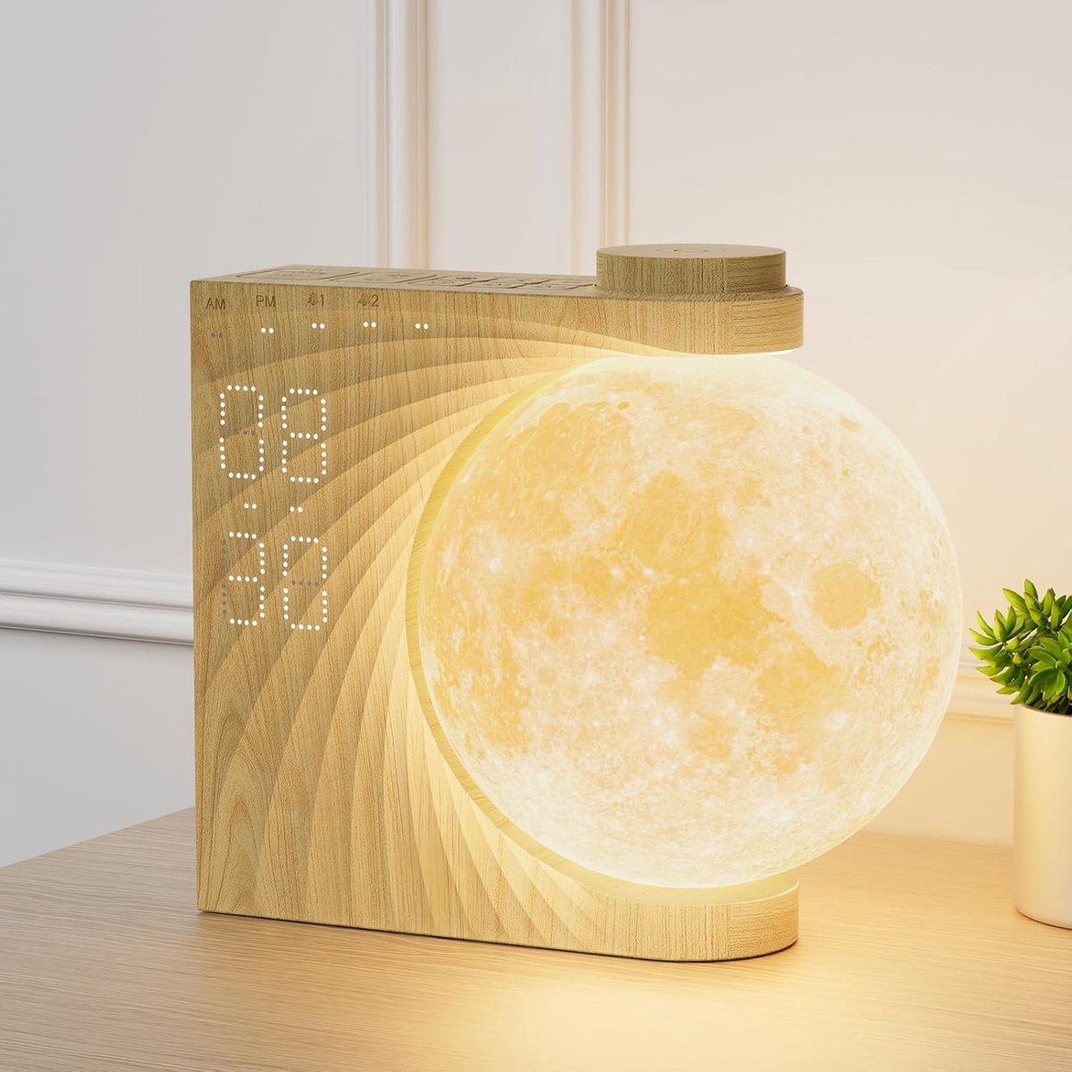 SnelShoppen - 3D Maanlamp met Automatische Rotatie, Kinderen Alarmklok met RGB 8 Kleuren, Maanlicht en Daglicht Alarmklok met 10 Natuurlijke Geluiden,