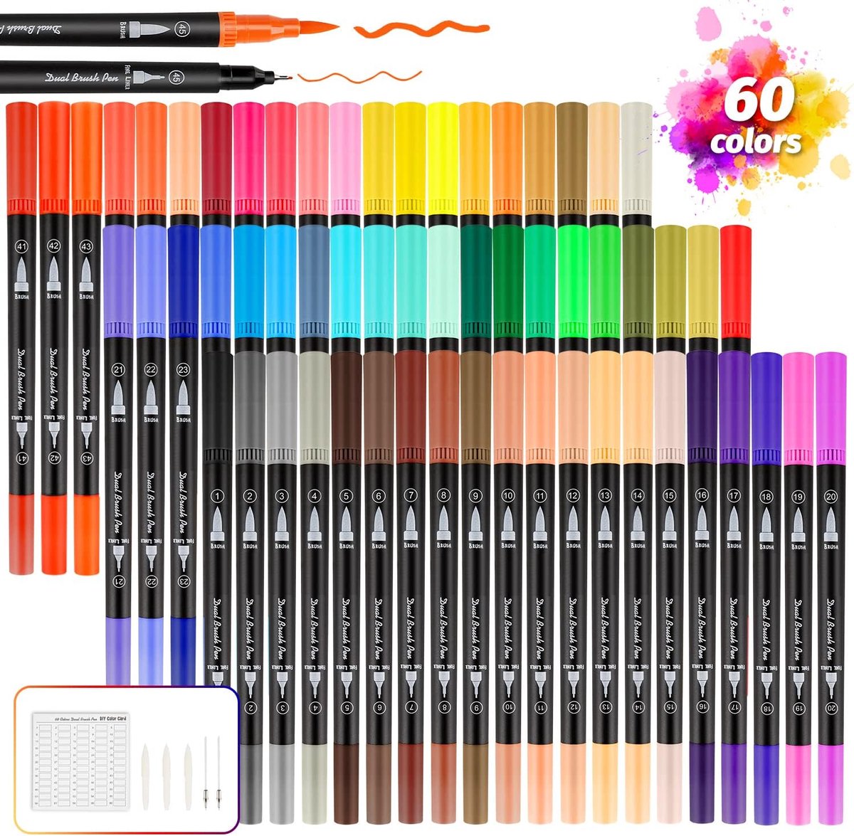 SnelShoppen - Brush Pens Set 60 Kleuren Dual Tip Markers, Watercolor Pens met Nylon Brush Tip en Fineliner voor Calligraphy, Coloring, Lettering, Jour