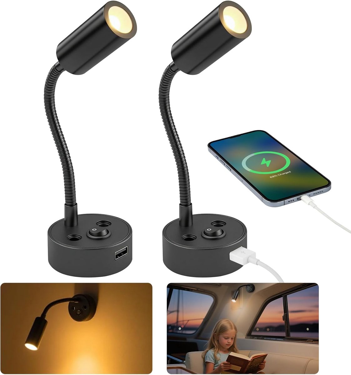 SnelShoppen - LED Leeslamp 2-Pack 12V Camping Verlichting, USB Oplaadbare Spotlights voor Caravans, Motorhomes en Trucks, Binnenverlichting met Aan/Ui