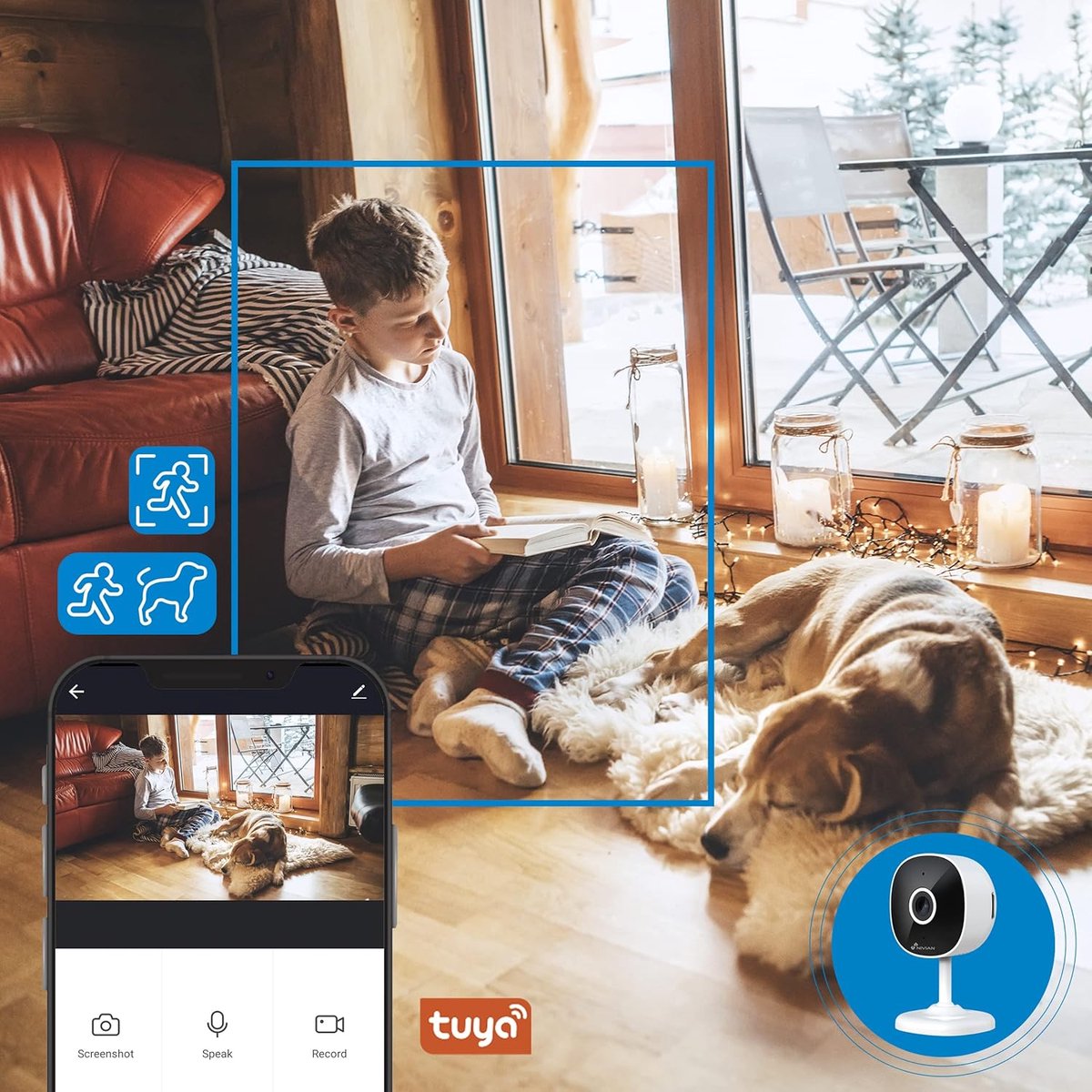 SnelShoppen - WiFi Camera 2K met 2.4 GHz Verbinding, MicroSD Opname, Personenherkenning, Bi-Directionele Audio, Binnen Gebruik, Compatibel met Amazon