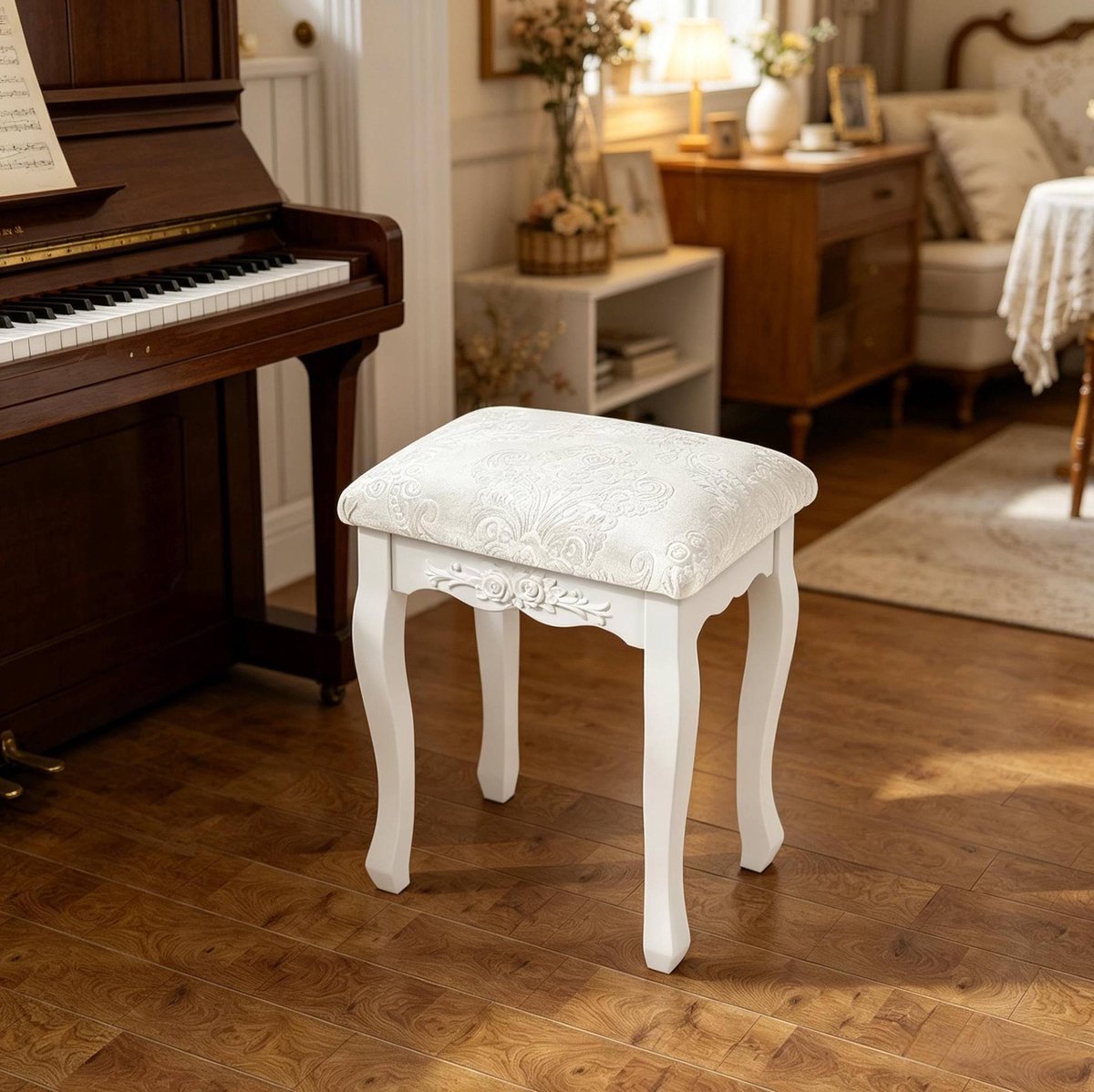 FloraGrace Hocker 37 x 29 x 48 cm - Gepolsterde Vintage Make-upkruk En Pianokruk - Voor Slaapkamer Of Hal - MDF En Kunststof - Cremewit