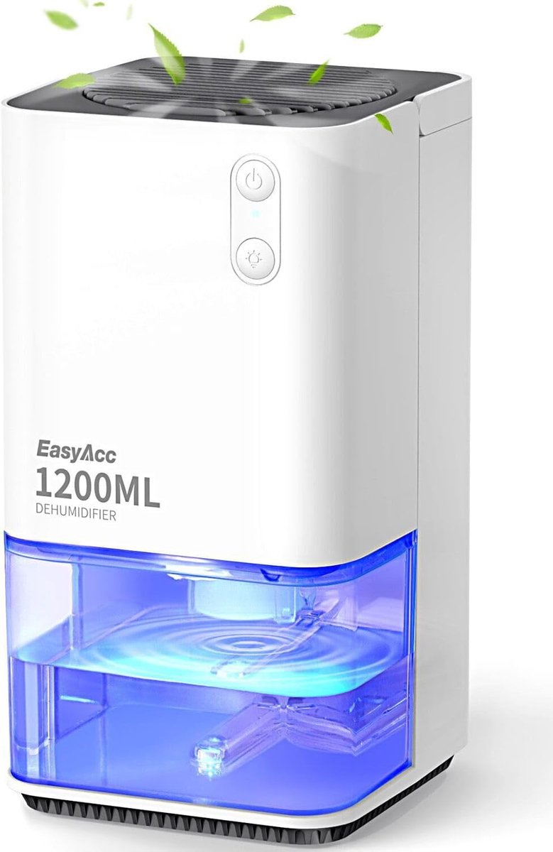 Luchtontvochtiger Elektrisch 1200 ml - Draagbare Mini Ontvochtiger voor Slaapkamer, Badkamer en Kantoor - Stil en Automatisch tegen Vocht - Compacte Kamerontvochtiger met Gekleurd Nachtlampje
