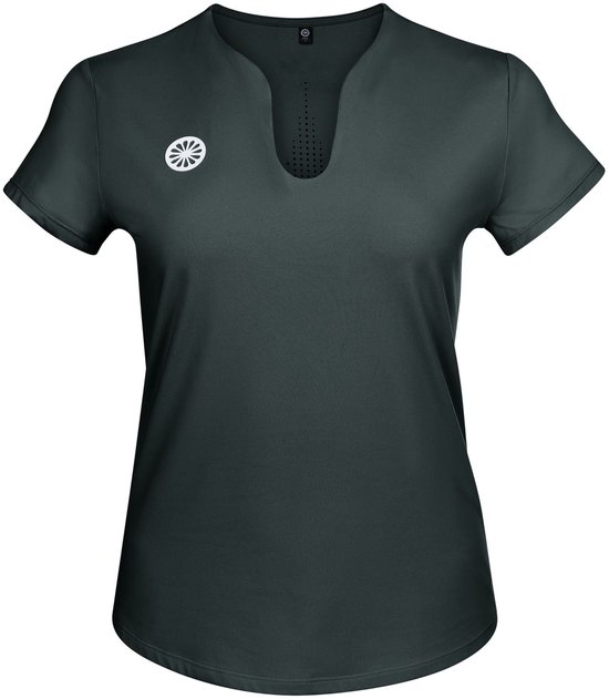 T-shirt gris foncé à manches courtes et col en V. Logo blanc sur la poitrine gauche.