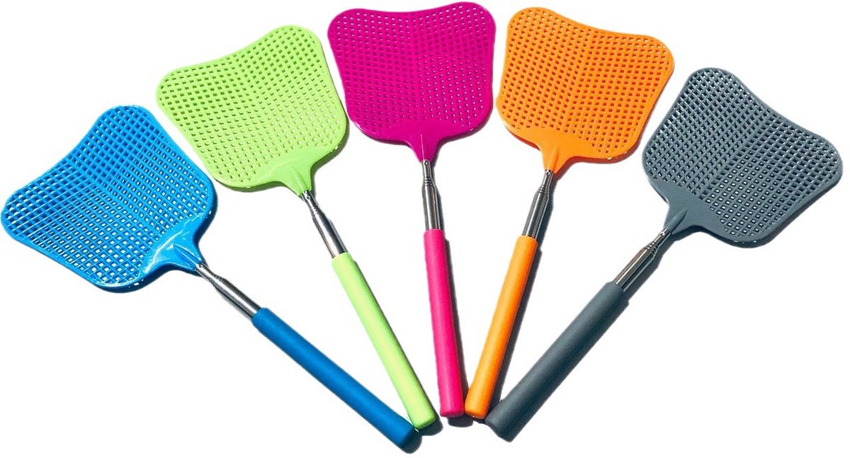 Vliegenmepper set - uitschuifbare vliegenmeppers met antislip handgreep, 5-delig, 25 tot 63 cm, voor binnen en buiten, in meerdere kleuren