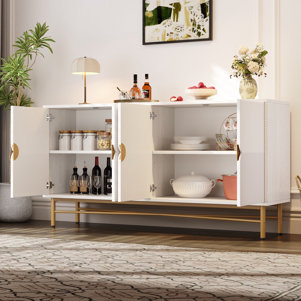 Wishdor - Dressoir - 160 cm opbergkast met vier deuren en reliëffront - modern voor woonkamer of eetkamer - houtlook en wit - 160 x 40 x 82 cm