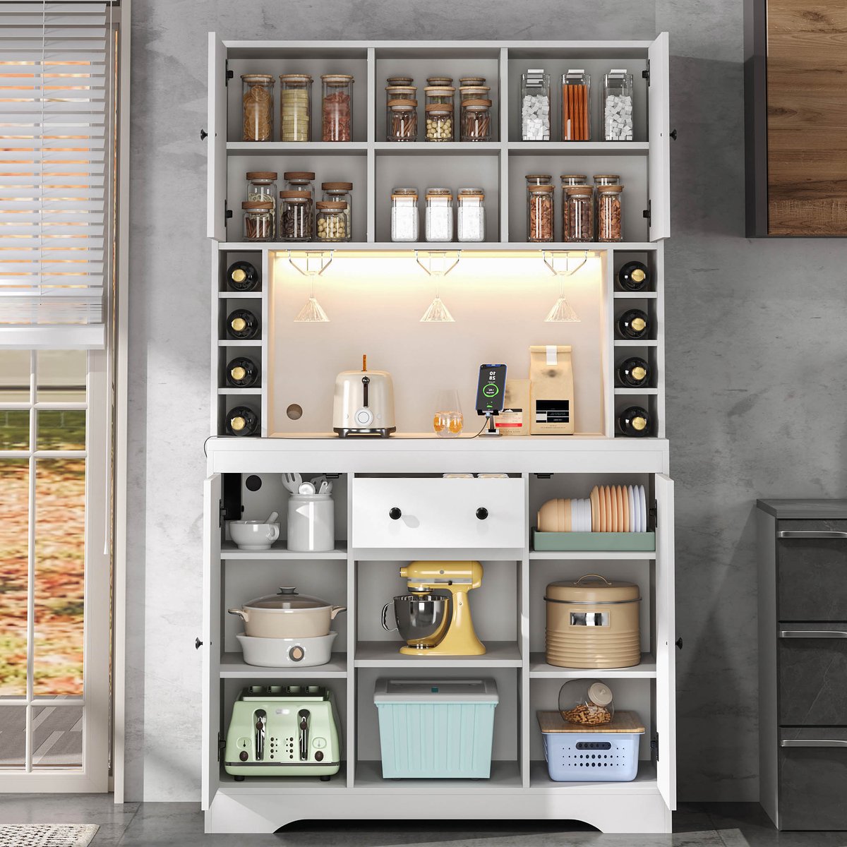 Wishdor - Keukenkast - Hoogkast met verstelbare legplanken, lade, wijnrek en LED-verlichting - Modern - Keuken en eetkamer - Houtlook - Wit - 105 x 40 x 180 cm