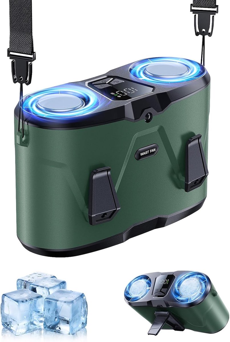 Oplaadbare clip-on tailleventilator met dubbele motor en ijskoeling (25.000 tpm), 10 snelheidsstanden, led-display en zaklamp, handsfree draagbaar voor werk, buiten en reizen – Groen