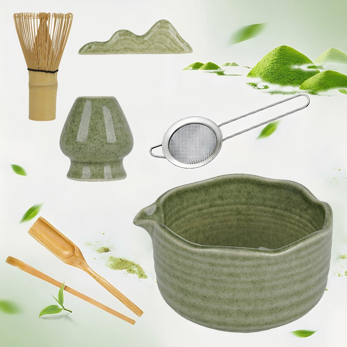 Matcha Set Van 7 Stuks - Matcha Garde Set - Bamboe Matcha Garde Keramische Kom En Gardehouder - Complete Matcha Kit Voor Matcha-Liefhebbers