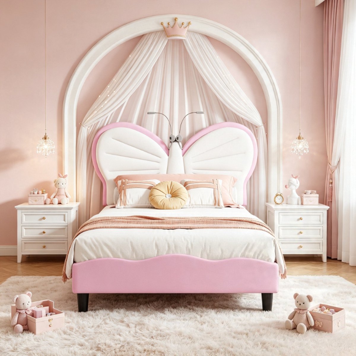 Kinderbed 90x190 cm met leeslamp, eenpersoonsbed voor kinderen met vlinder hoofdbord, gestoffeerd junior bed met verstelbaar hoofdbord, fluwelen bed in wit roze, zonder matras