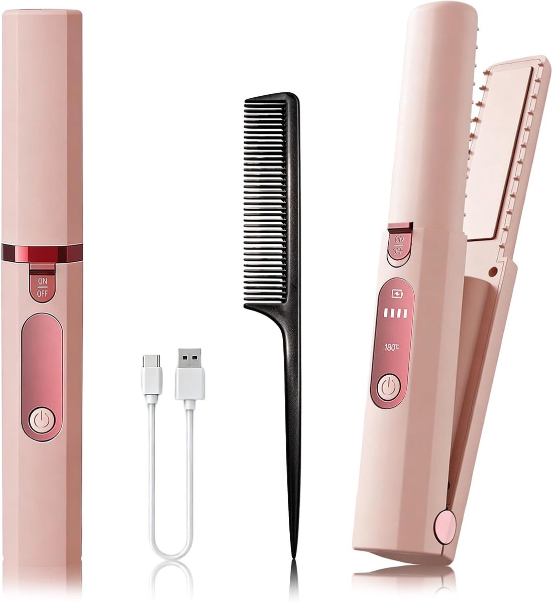 KZQ Draagbare Haarstijltang en Krultang 2-in-1 Oplaadbaar Keramisch Stijltangetje voor Reizen Dun Haar en Pony USB Mini Krultang Roze