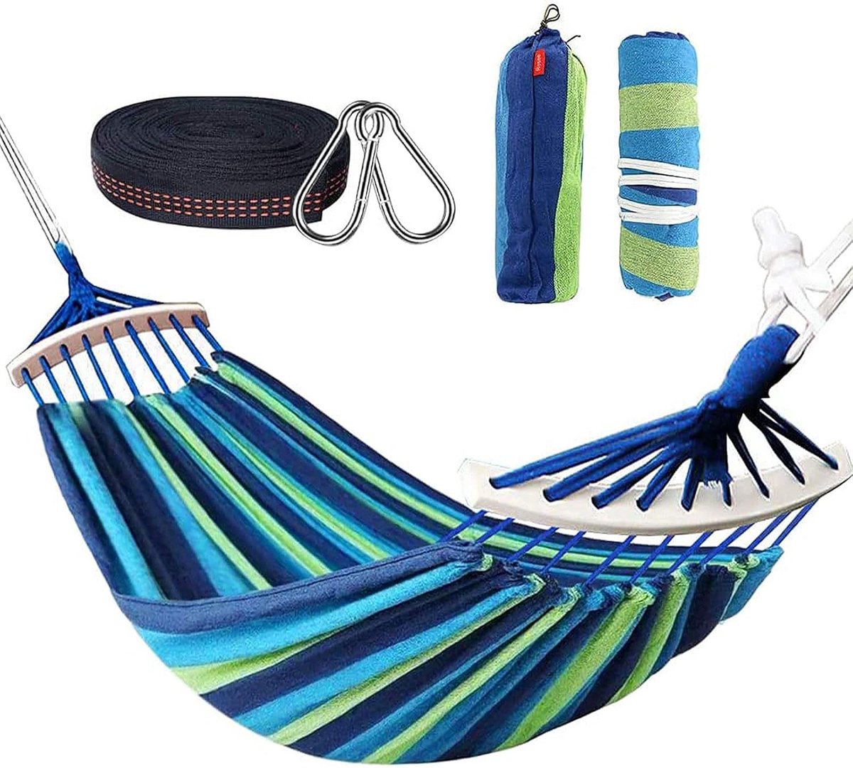 SnelShoppen - Double Hammock 280x150 cm - Outdoor Hangmat voor Camping, Tuin, Reizen - Blauwe Strepen, Ademend Materiaal, Tot 300 kg