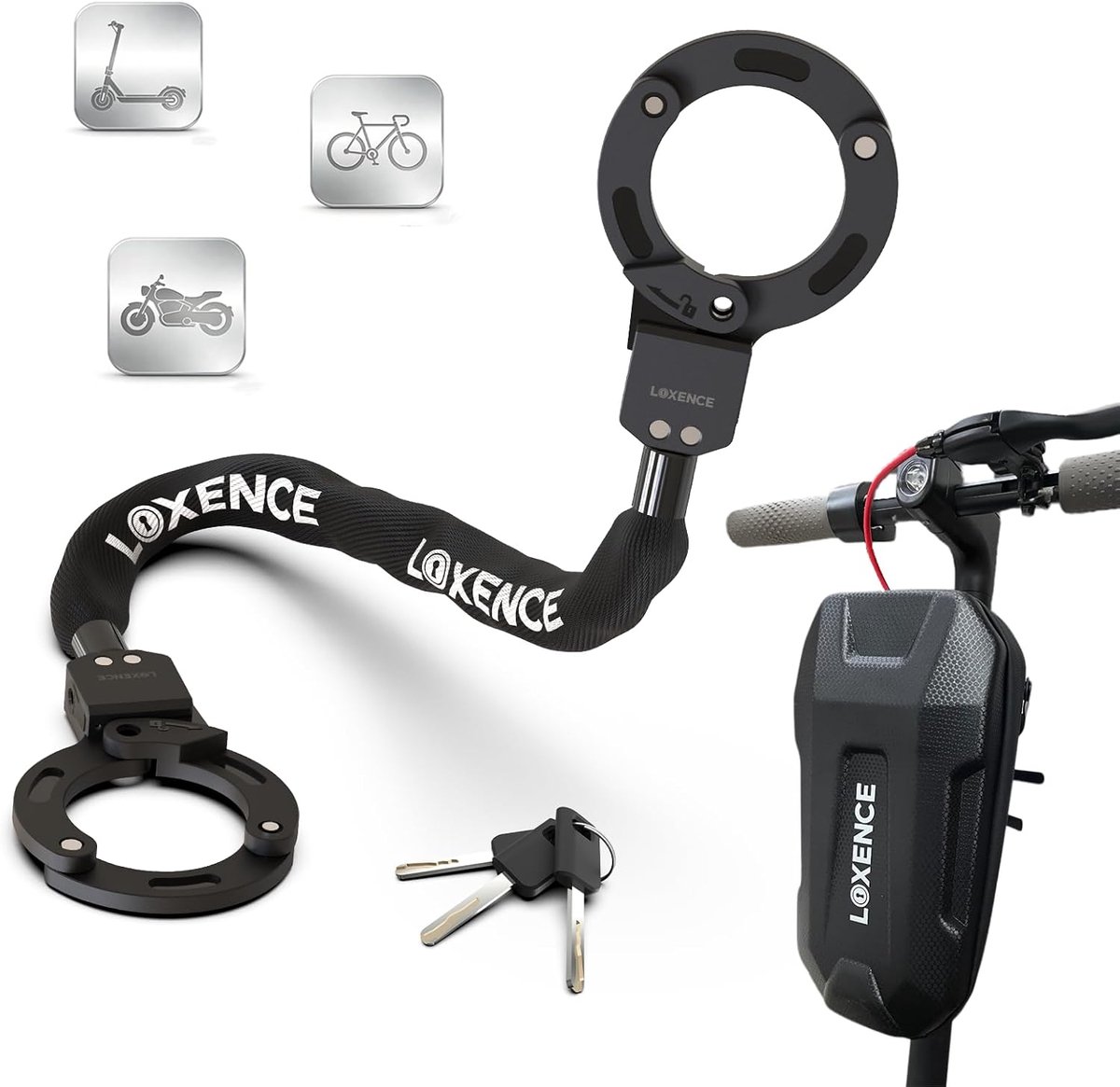 SnelShoppen - Slot voor Elektrische Step, Anti-diefstal Fietsslot met Hoge Veiligheidsketting, 3 Sleutels, Handboeislot, Zwart + Waterdichte Tas