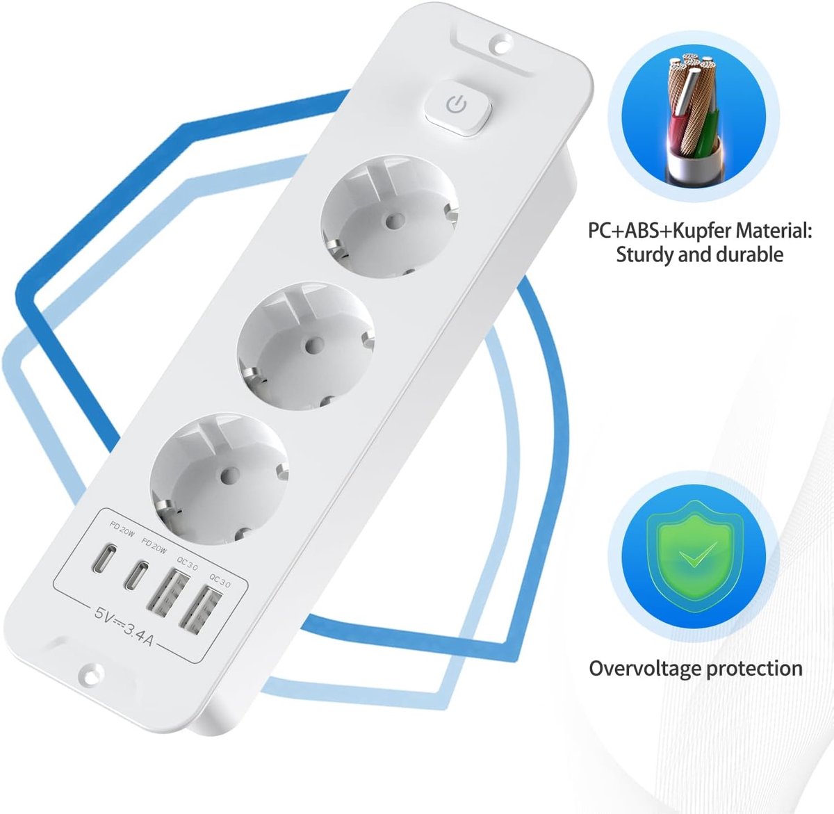 SnelShoppen - 3-voudige Stopcontact met USB-C & Schakelaar | Tafelstopcontact voor Werkplek, Conferentietafel, Thuisgebruik | Multi-Functionele Stekke