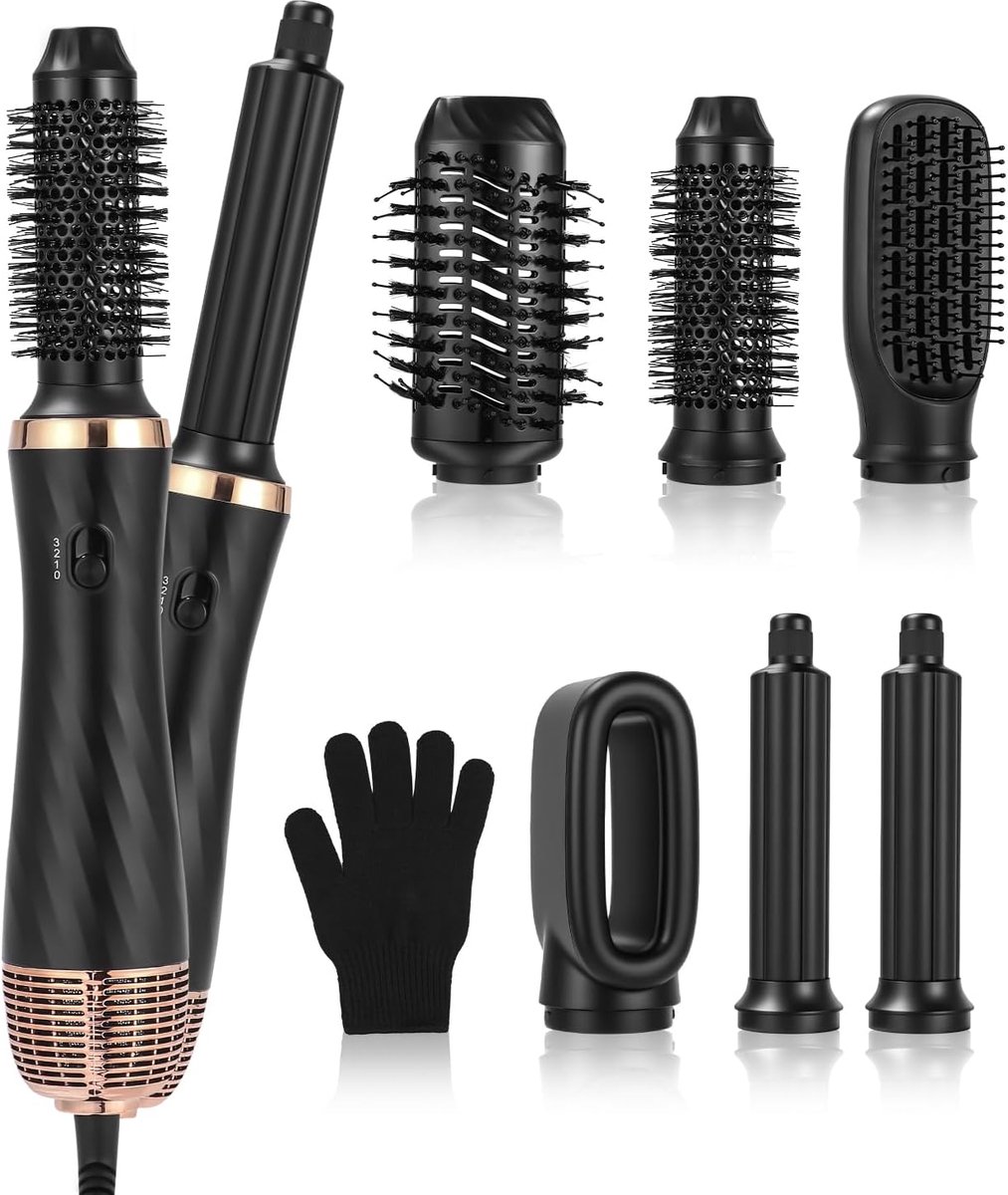 SnelShoppen - Hair Styler 6-in-1 Luchtstyler Set met 1000W Föhn, Rond Borstel Föhn, Automatische Krultang, Styling Borstel, Volume & Massager