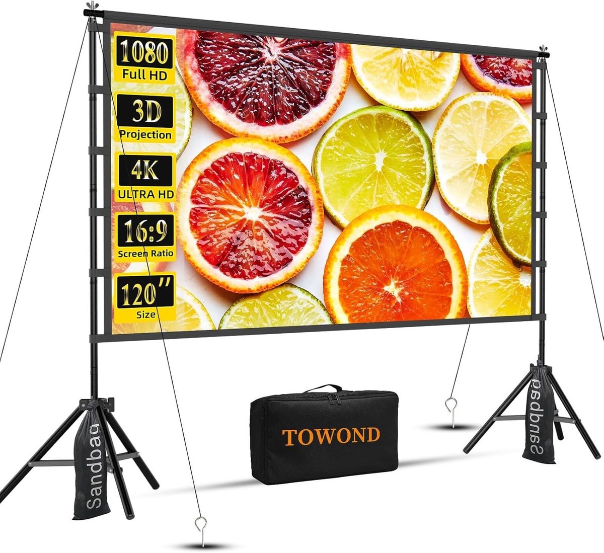 SnelShoppen - 120 Inch Projectiescherm met Stand, Vouwbaar Draagbaar 16:9 HD Buitenprojectie Scherm voor Thuisbioscoop en Tuin, Voorkant en Achterkant