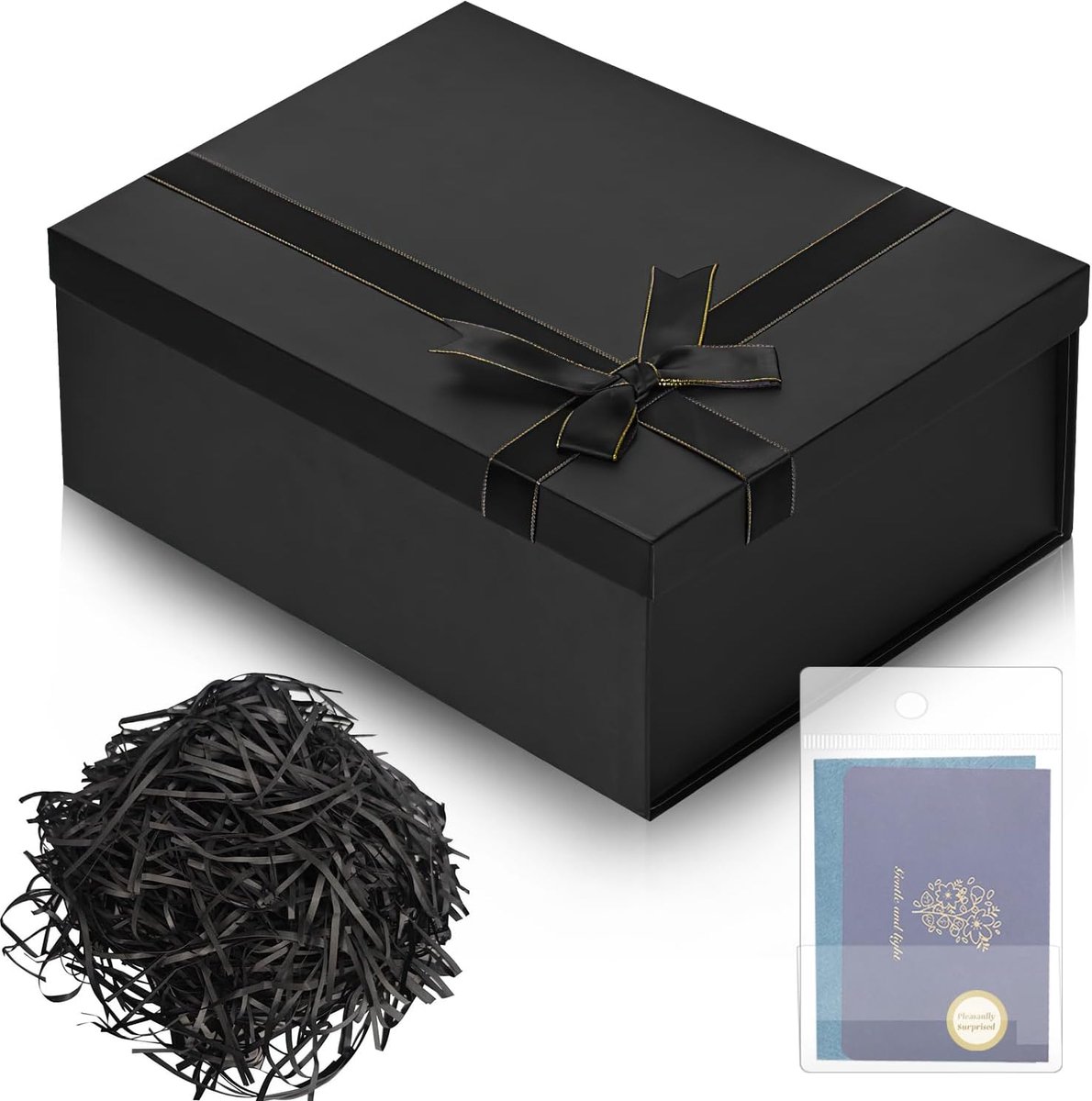SnelShoppen - Vouwbare Cadeaubox met Deksel en Strik, Herbruikbare Verpakkingsdoos, Zwarte Cadeauverpakking voor Verjaardag, Bruiloft, Kerst, Jubileum