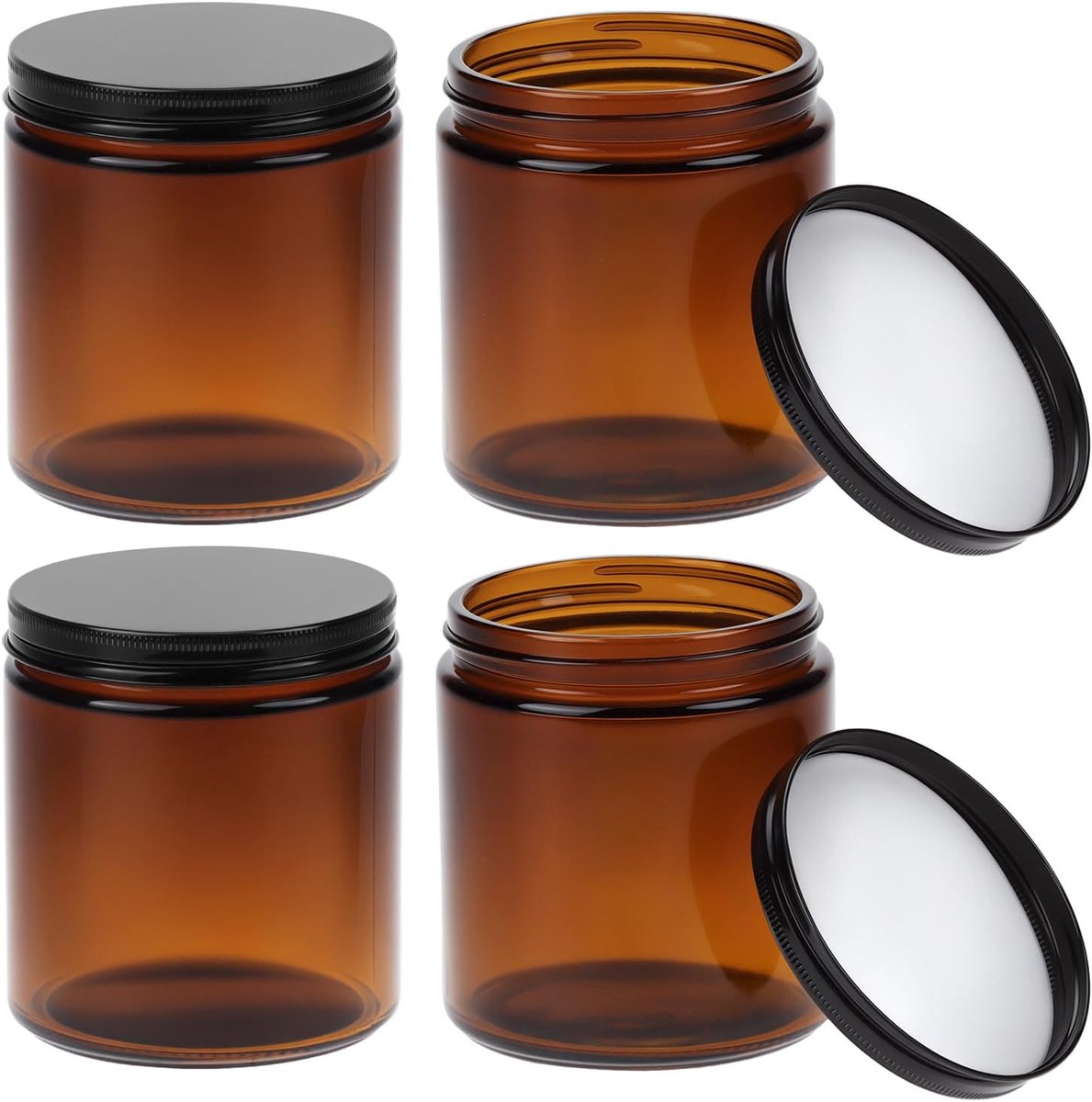 SnelShoppen - 4 Stuks 500ml Amber Glazen Lege Pot met Zwarte Deksel - UV Beschermende Multifunctionele Container voor Essentiële Olie, Lotion, DIY Pro